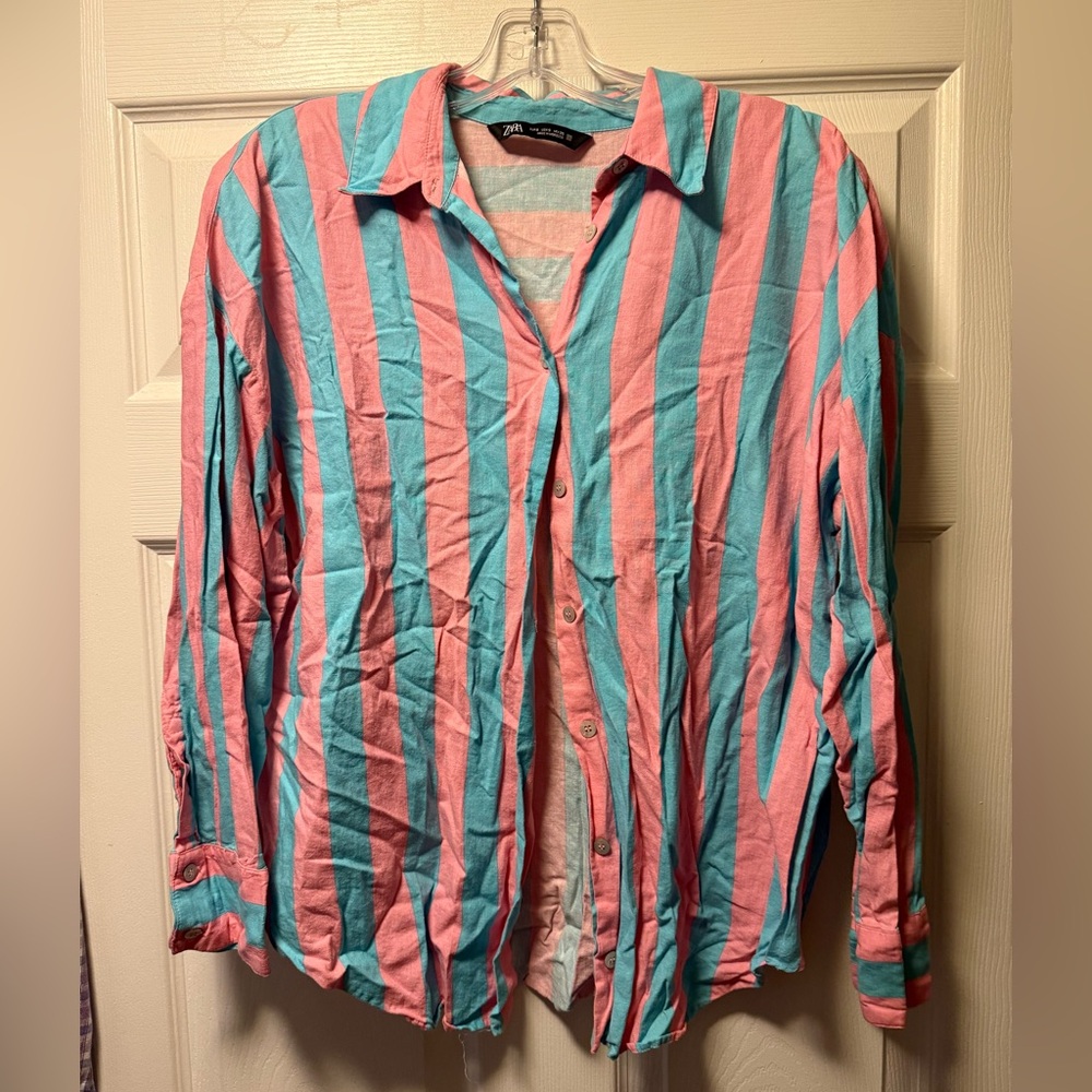 Zara Coral and Aqua Striped Shirt